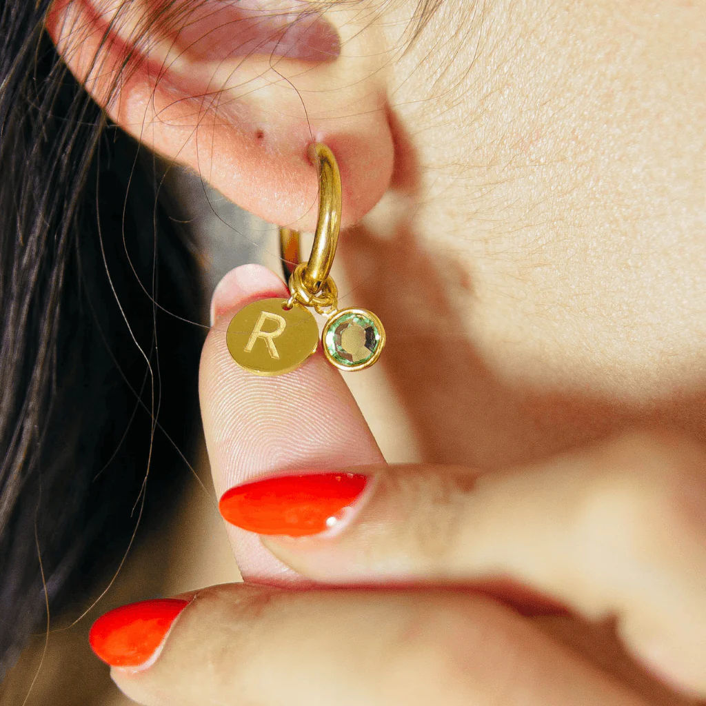 Solid Gold Initial Birthstone Huggies - Image 2
