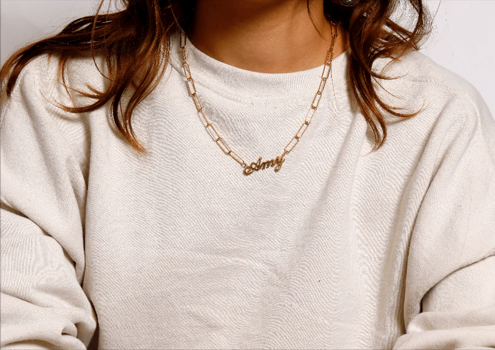 Solid Gold Name Necklace Rectangle Chain - Image 4